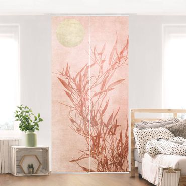 Zasłony panelowe zestaw - Złote słońce z różowym bambusem