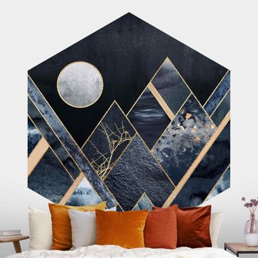 Sześciokątna tapeta samoprzylepna - Złoty księżyc abstrakcyjne czarne góry