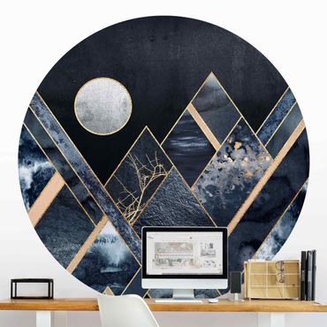 Okrągła tapeta samoprzylepna - Złoty księżyc abstrakcyjne czarne góry