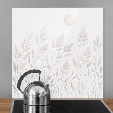 Panel szklany do kuchni - Trawa i księżyc w srebrze
