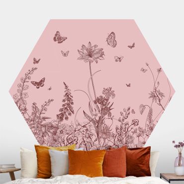 Sześciokątna tapeta samoprzylepna - Duże kwiaty z motylami na różowym tle