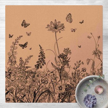 Mata korkowa - Duże kwiaty z motylami w kolorze czarnym