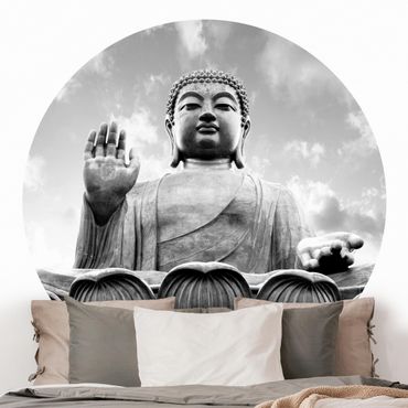 Okrągła tapeta samoprzylepna - Duży Budda Czarno-biały