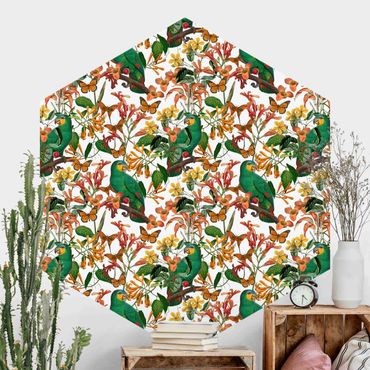 Sześciokątna tapeta samoprzylepna - Zielone papugi z tropikalnymi motylami
