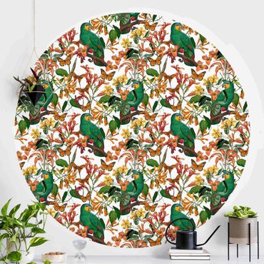 Okrągła tapeta samoprzylepna - Zielone papugi z tropikalnymi motylami