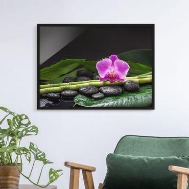 Plakat w ramie - Zielony bambus z kwiatem orchidei