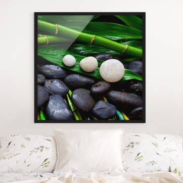 Plakat w ramie - Zielony bambus z kamieniami Zen