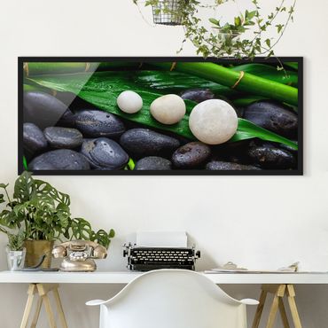 Plakat w ramie - Zielony bambus z kamieniami Zen