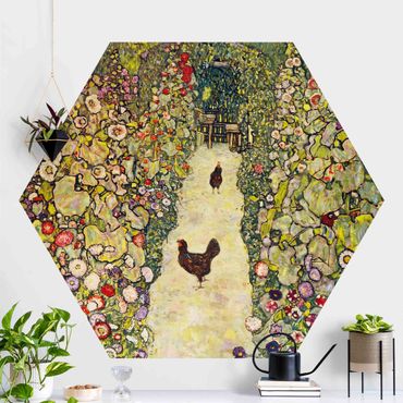 Sześciokątna tapeta samoprzylepna - Gustav Klimt - Ścieżka ogrodowa z kurczakami