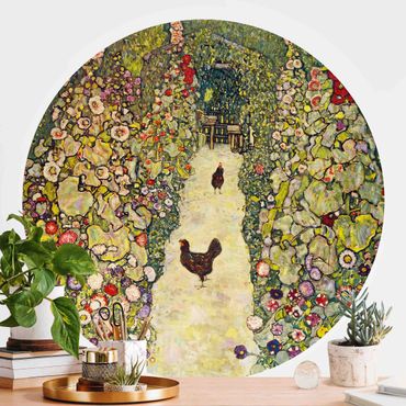 Okrągła tapeta samoprzylepna - Gustav Klimt - Ścieżka ogrodowa z kurczakami