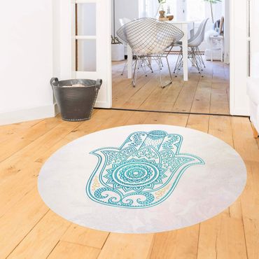 Okrągły dywan winylowy - Hamsa Ręczna ilustracja Mandala złoty niebieski