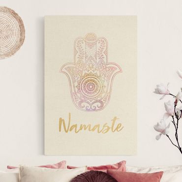Obraz na naturalnym płótnie - Hamsa Ilustracja ręczna Namaste złoty różowy