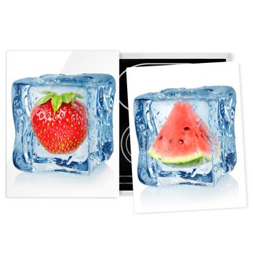 Szklana płyta ochronna na kuchenkę 2-częściowa - Truskawka i melon w kostce lodu