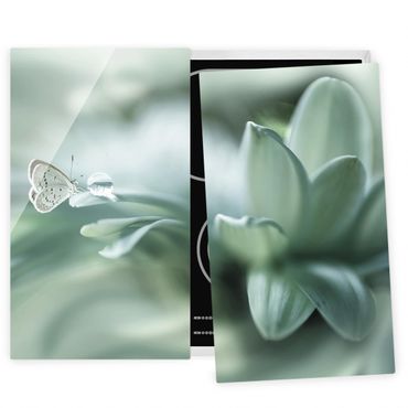 Szklana płyta ochronna na kuchenkę 2-częściowa - Motyl i krople rosy w pastelowej zieleni