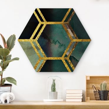 Obraz heksagonalny z drewna - Sześciokątne marzenia Akwarela z dodatkiem złota