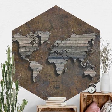 Sześciokątna tapeta samoprzylepna - Mapa świata z rdzą drewna