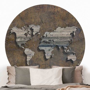 Okrągła tapeta samoprzylepna - Mapa świata z rdzą drewna
