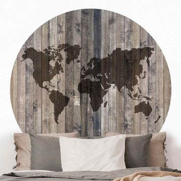 Okrągła tapeta samoprzylepna - Mapa świata z drewna