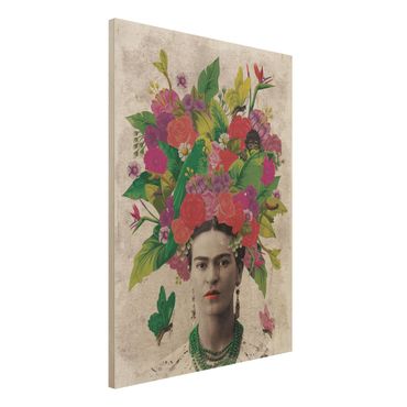 Obraz z drewna - Frida Kahlo - Portret z kwiatami