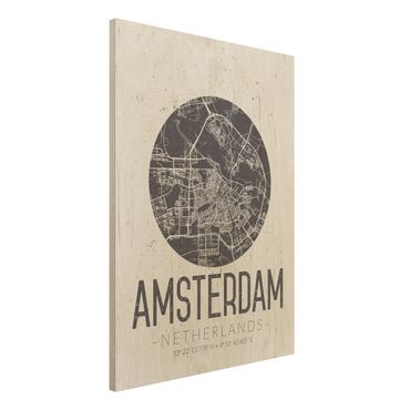 Obraz z drewna - Mapa miasta Amsterdam - Retro