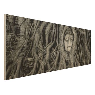 Obraz z drewna - Budda w Ayutthaya otoczony korzeniami drzew, czarno-biały