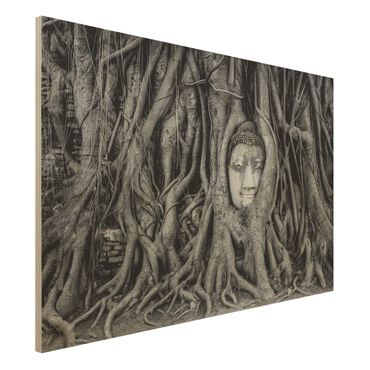 Obraz z drewna - Budda w Ayutthaya otoczony korzeniami drzew, czarno-biały