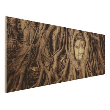 Obraz z drewna - Budda w Ayutthaya otoczony korzeniami drzew w kolorze brązowym