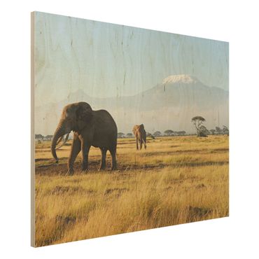 Obraz z drewna - Słonie na tle Kilimandżaro w Kenii