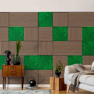 Panele akustyczne i panele z mchu - Ściana drewniana ciemny dąb i Ściana z mchu świerk zielony - Kolaż ścienny