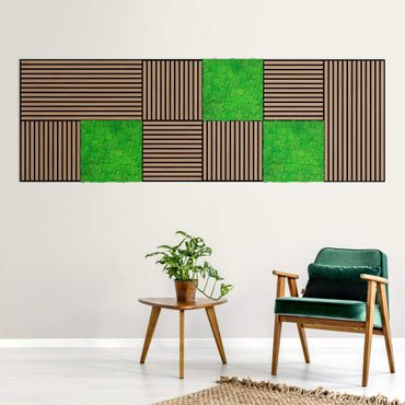 Panele akustyczne i panele z mchu - Ściana drewniana ciemny dąb i Ściana z mchu trawa zielona - Kolaż ścienny