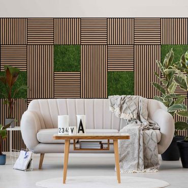 Panele akustyczne i panele z mchu - Ściana drewniana ciemny dąb i Ściana z mchu oliwkowa zieleń - Kolaż ścienny