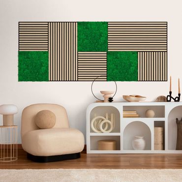 Panele akustyczne i panele z mchu - Drewniana ściana naturalny dąb i Ściana z mchu świerk zielony - Kolaż ścienny
