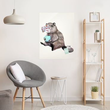 Obraz na szkle - Ilustracja przedstawiająca bobra z filiżanką kawy