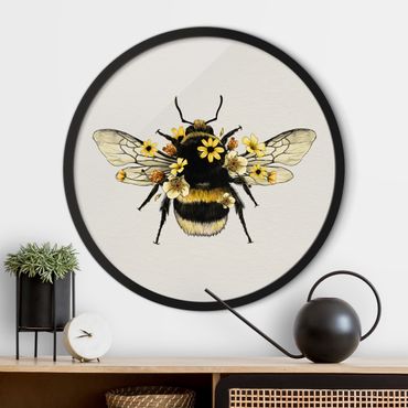 Okrągły obraz w ramie - Illustration Floral Bumblebee