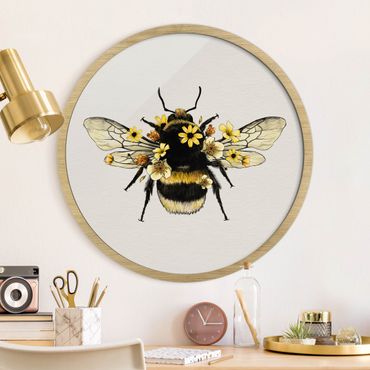 Okrągły obraz w ramie - Illustration Floral Bumblebee