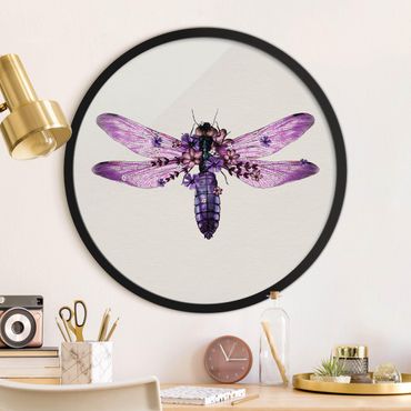 Okrągły obraz w ramie - Illustration Floral Dragonfly