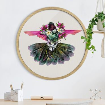 Okrągły obraz w ramie - Illustration Floral Hummingbird
