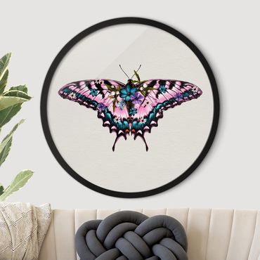 Okrągły obraz w ramie - Illustration Floral Tiger Swallowtail