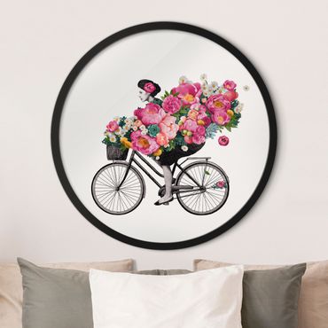 Okrągły obraz w ramie - Illustration Woman On Bicycle Collage Colourful Flowers