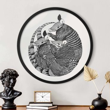 Okrągły obraz w ramie - Illustration Armadillo Black And White Pattern