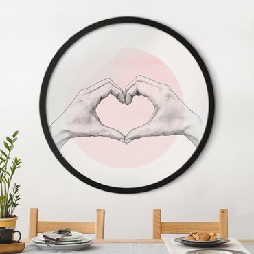 Okrągły obraz w ramie - Illustration Heart Hands Circle Pink White