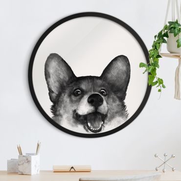 Okrągły obraz w ramie - Illustration Dog Corgi Black And White Painting
