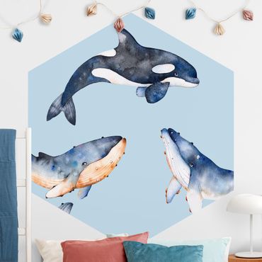 Sześciokątna tapeta samoprzylepna - Ilustrowane wieloryby jako akwarela