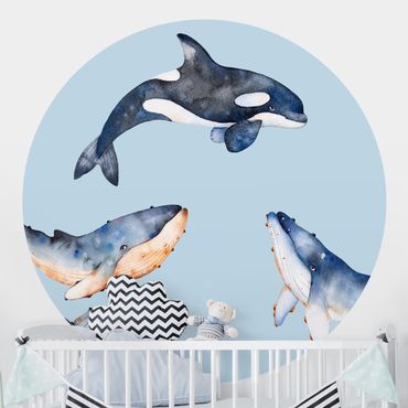 Okrągła tapeta samoprzylepna - Ilustrowane wieloryby jako akwarela