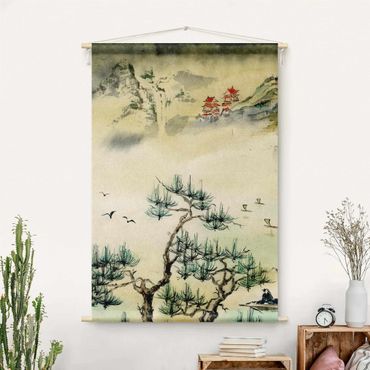 Makatka - Japanese Watercolour Drawing Pine Tree And Mountain Village