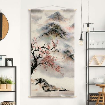 Makatka - Japanese Watercolour Drawing Cherry Tree And Mountain