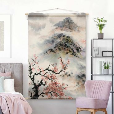 Makatka - Japanese Watercolour Drawing Cherry Tree And Mountain
