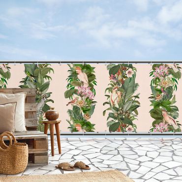 Osłona balkonowa zapewniająca prywatność - Kakadu w kolorze zielonym na różowym tle