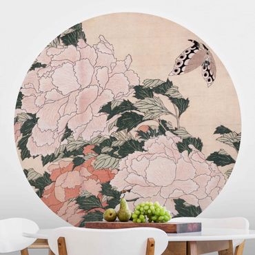 Okrągła tapeta samoprzylepna - Katsushika Hokusai - Różowe piwonie z motylem