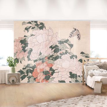 Zasłony panelowe zestaw - Katsushika Hokusai - Różowe piwonie z motylem